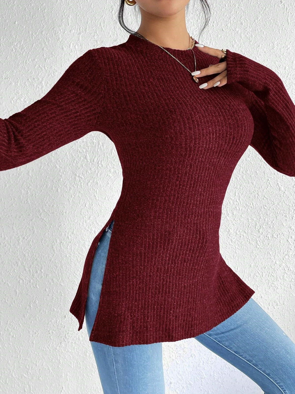 T-shirt femme en maille côtelée gris