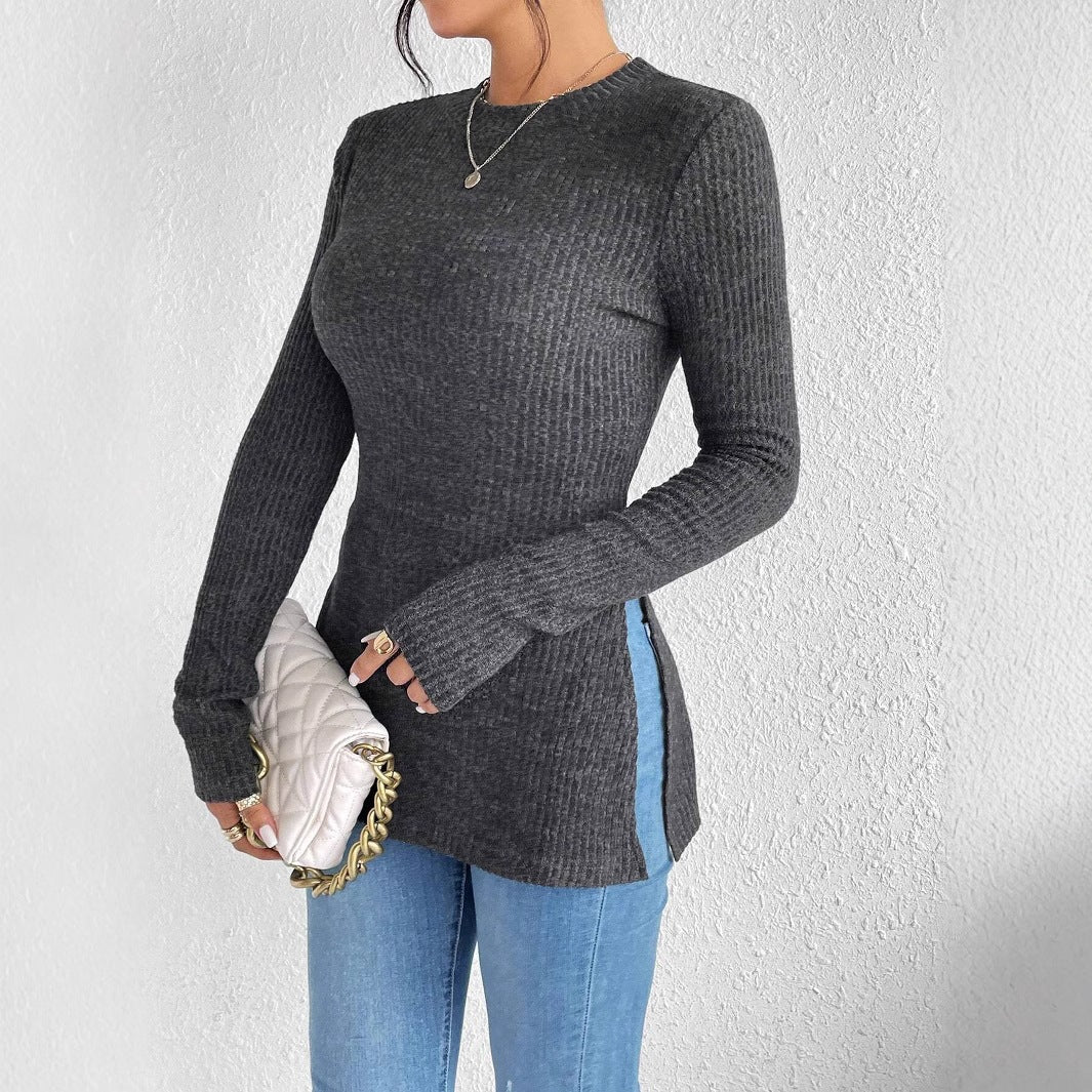 T-shirt femme col rond en maille côtelée