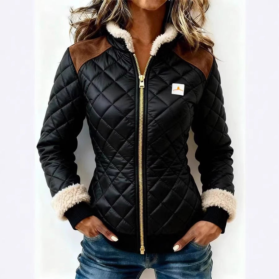 Doudoune femme noire col fourrure et zip - vue de face