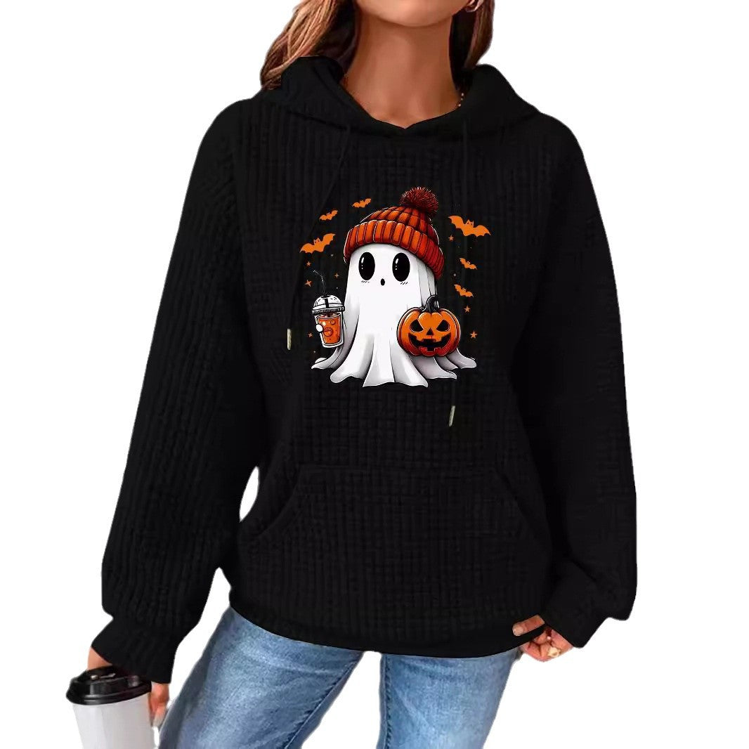 Sweat capuche Halloween femme détail tissu gaufré