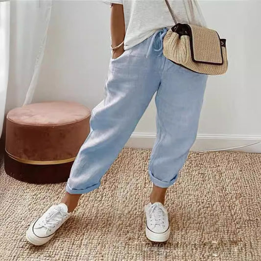 Pantalon femme coton-lin poches taille élastique - vue principale - Ma boutique & co